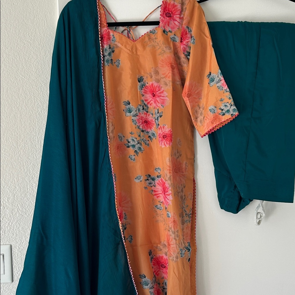 Teal & Peach Floral Salwar Kameez Indian suit Punjabi salwar suit